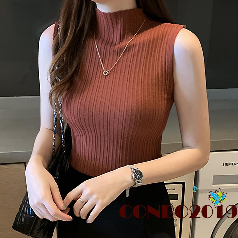 Áo dệt kim sát nách cổ cao màu sắc đơn giản thời trang mùa hè cho nữ