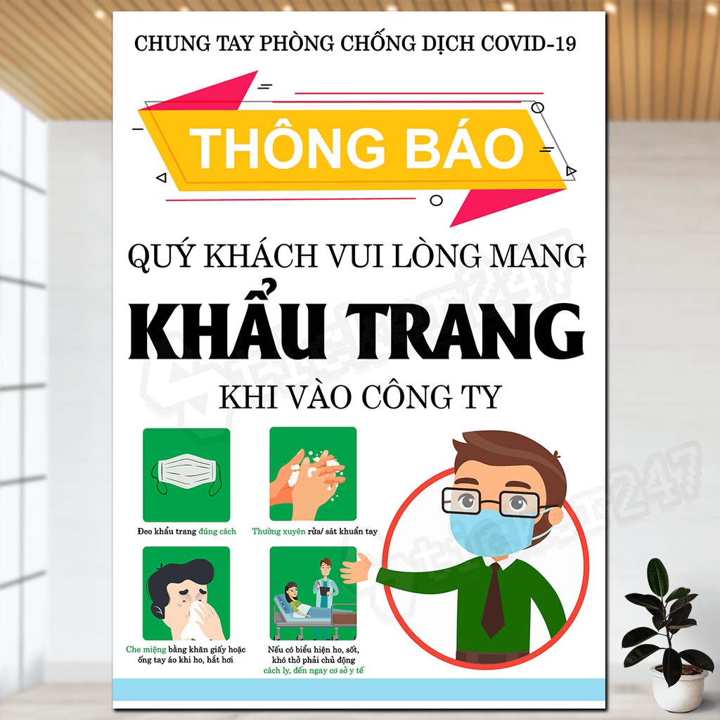 Poster/Sticker tấm decal dán biển báo thông báo mang khẩu trang phòng chống covid dán cửa, tường công ty, cửa hàng...