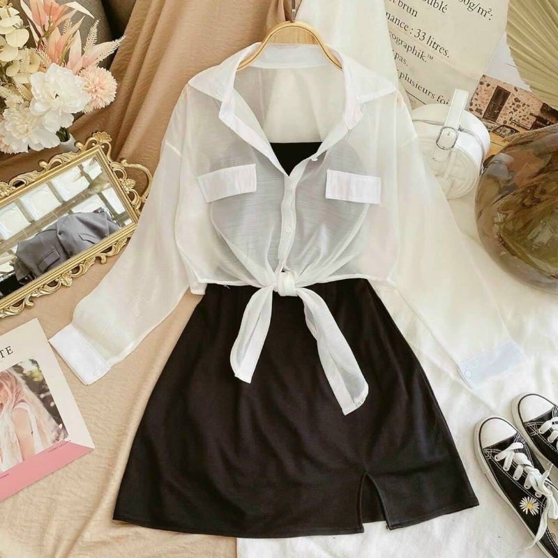 Đầm 2 dây ôm body kèm áo sơ mi voan ❤️sét đầm ôm nữ❤️ kèm ảnh thật