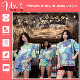 Áo Thun Loang TIE - DYE Màu Xanh – Tím Tay Lỡ Form Rộng Unisex In Phản Quang Bắn Tim Cute