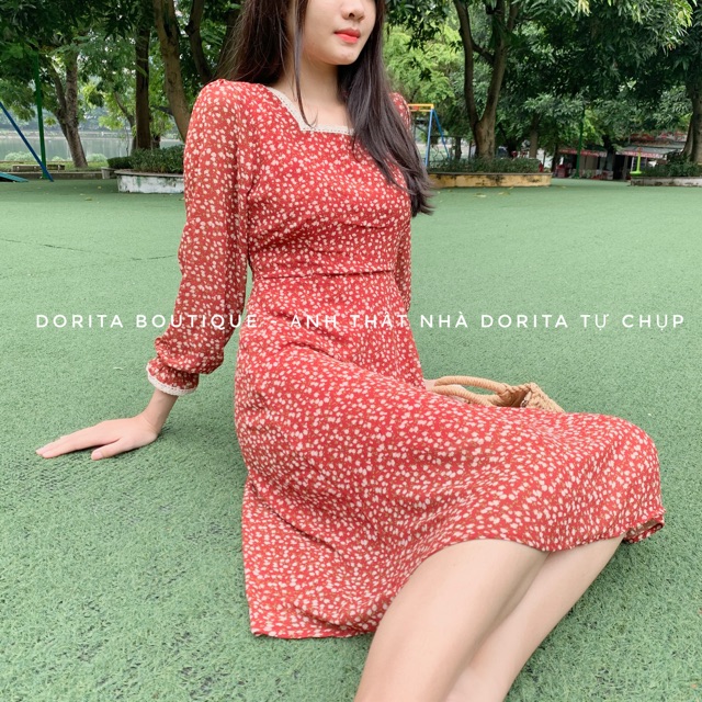 Váy trễ vai bèo chiết eo kẻ caro xanh, Đầm kẻ caro xanh Hàn Quốc