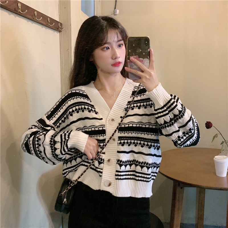 Áo khoác cardigan len nữ dài tay dệt kim thổ cẩm phong cách Hàn Quốc đẹp | BigBuy360 - bigbuy360.vn