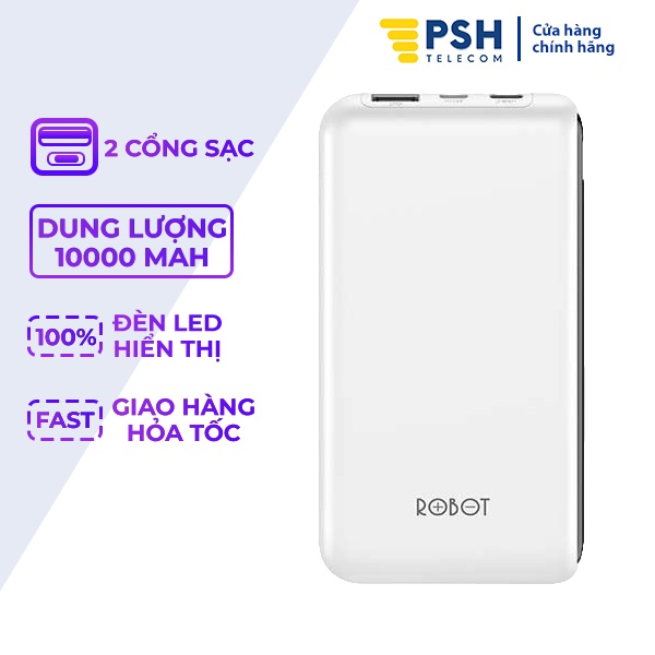 Sạc dự phòng 10000mAh ROBOT RT180, pin dự phòng 1 output USB & 2 input micro/type C PSH Telecom