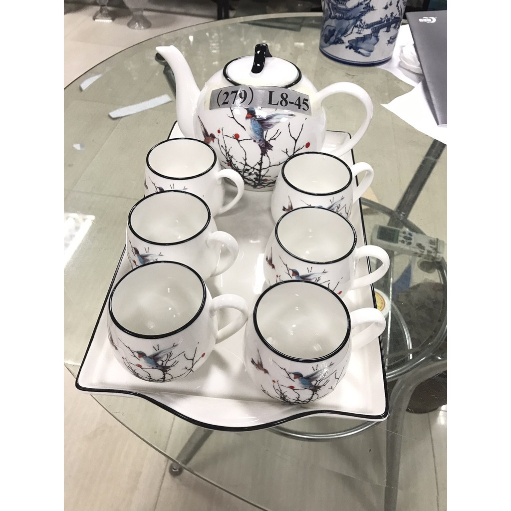 Bộ bình trà  cốc sứ xương kèm khay cao cấp