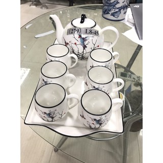 Bộ bình trà cốc kèm khay cao cấp men sứ xương