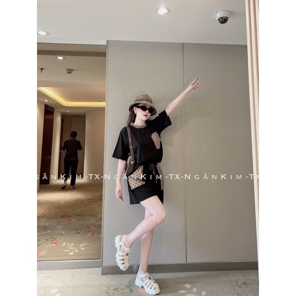 Set 3 món áo thun phối hoạ tiết quần gucci kèm mũ chất liệu vải cottong