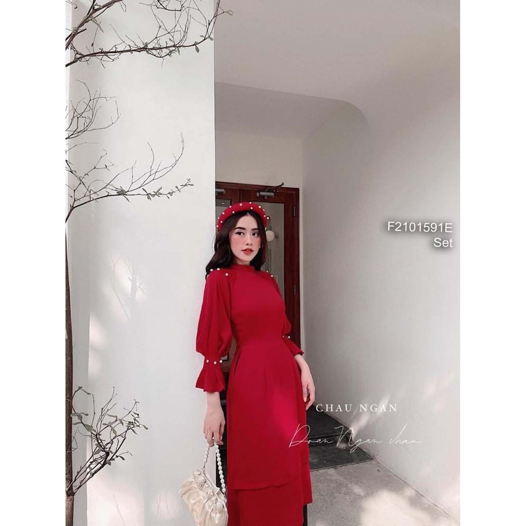 Set áo dài đỏ cách tân đính ngọc phối quần (không kèm mấn)!