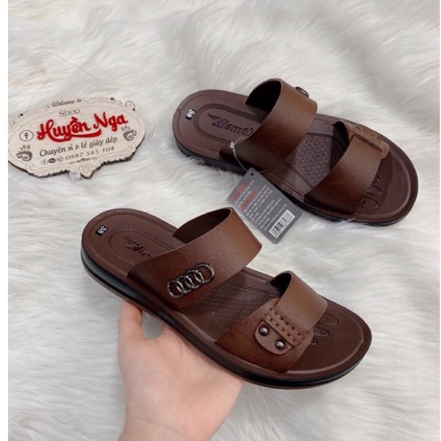 Dép da nam loại xin hãng niềm tin 2 quai màu nâu. dép da đế kếp