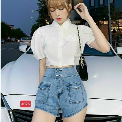 Quần Short Jean, Short Bò Nữ ❤️FREESHIP❤️ Quần Đùi Nữ lưng cao phối túi hộp kết hợp 4 nút siêu xinh A-T Fashion-QSJN4076