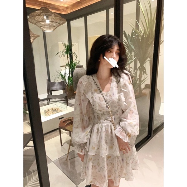 Váy hoa trắng bèo tầng tay phồng bánh bèo tiểu thư ullzang