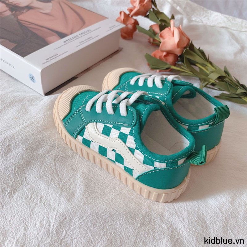 Giày thể thao vải canvas thắt dây họa tiết kẻ sọc caro chống trơn trượt thời trang ngoài trời dành cho trẻ em