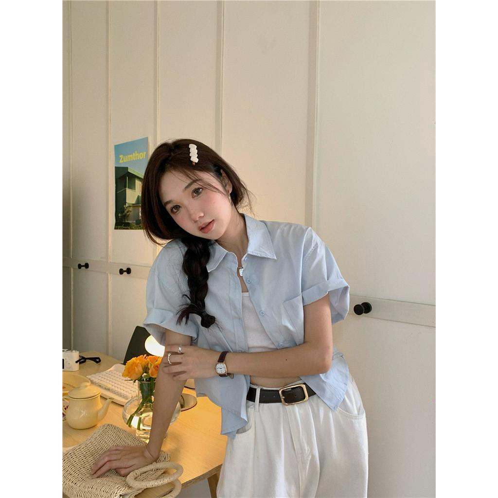 Hàng Mới Về Áo Sơ Mi Trơn Ngắn Tay Dáng Rộng Phong Cách Hàn Quốc Thời Trang Mùa Hè 6404