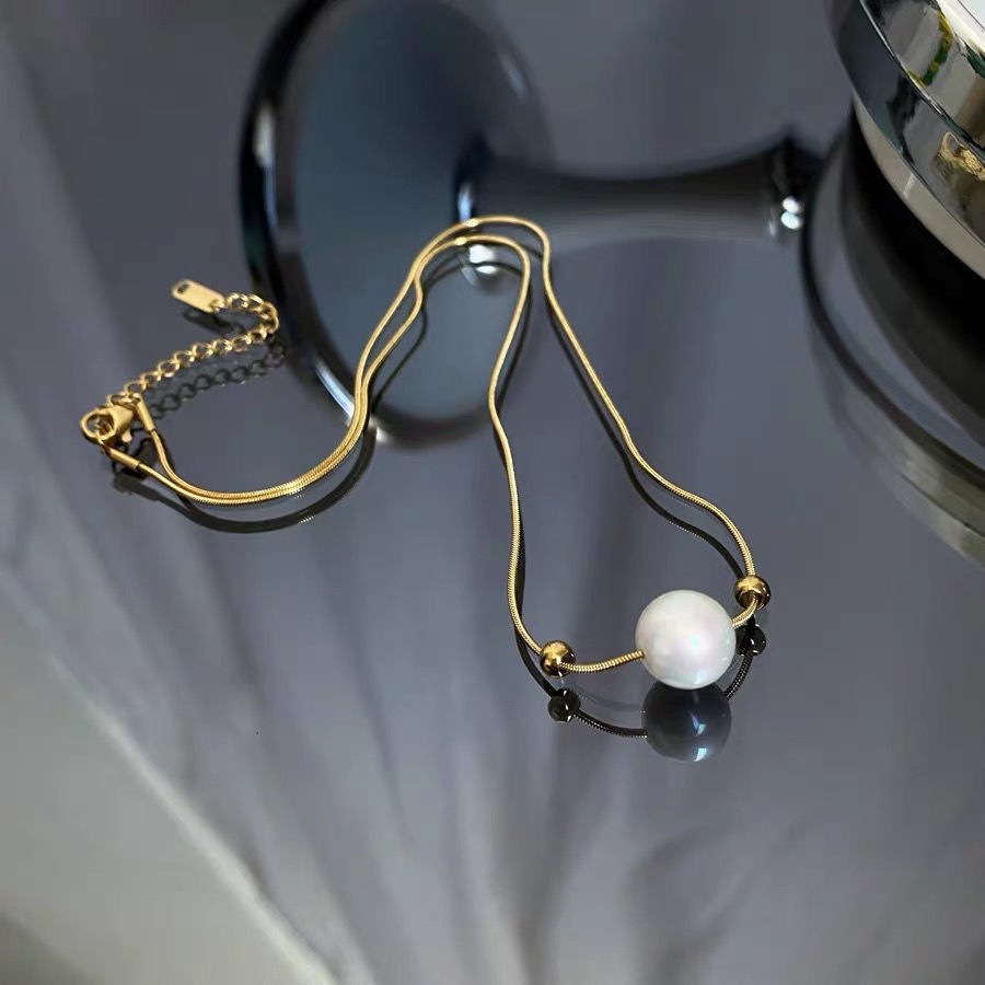 Dây chuyền thép titan mạ vàng 18k đính ngọc trai thời trang cho nữ