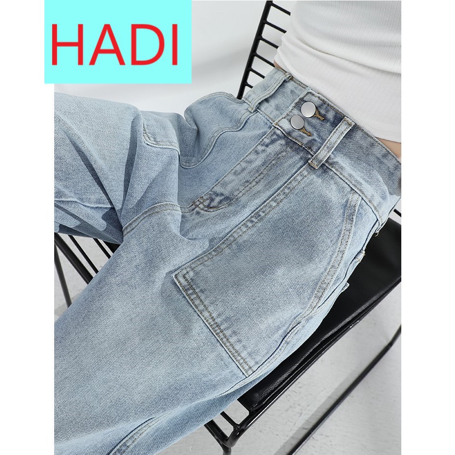 QUẦN BAGGY JEAN NỮ LƯNG CAO 2 TÚI HỘP ĐĨA CHÉO MÀU XANH NHẠT CAO CẤP HADI ĐỦ SIZE PHONG CÁCH, MÁT MẺ, DÁNG CHUẨN