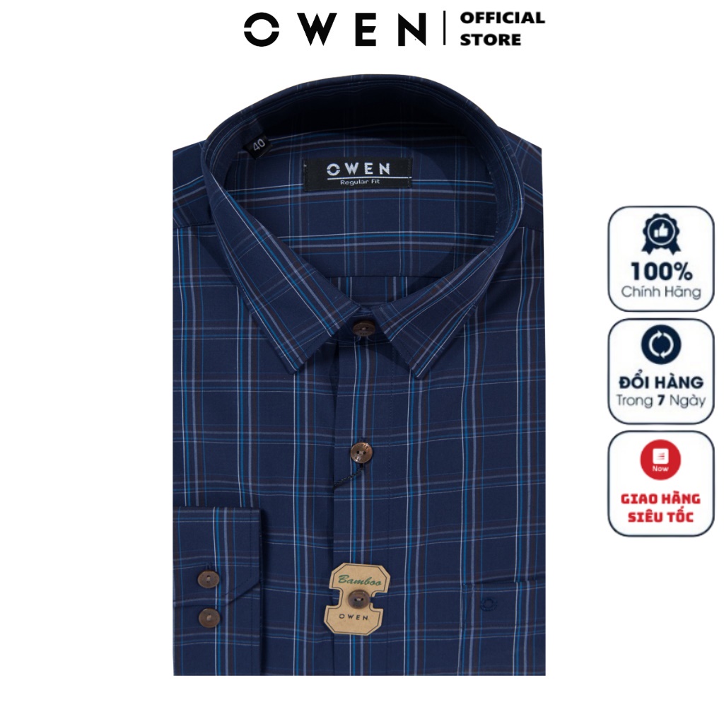 Áo Sơ Mi Nam Dài Tay OWEN AR220143DT Somi Công Sở Vải Sợi Tre Cao Cấp Màu Kẻ Caro Navy Xám Nâu Dáng Suông Tà Lượn Có Túi