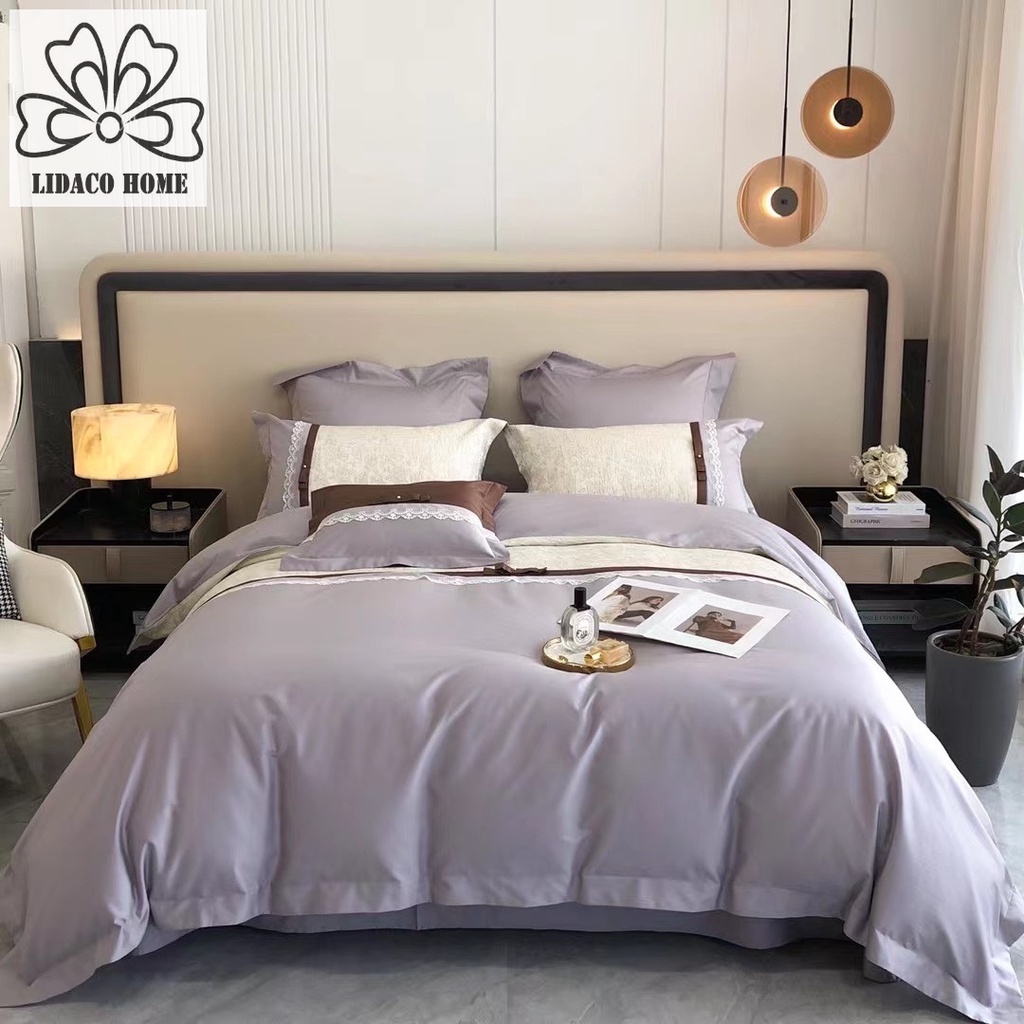 Bộ chăn ga gối lụa sateen 100s LIDACO mix ren nơ sang trọng