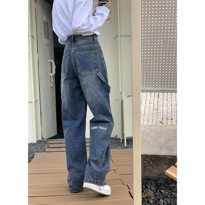 ❁☫Quần Jean Nữ Ống Rộng Lưng Cao Thêu Chữ Phong Cách Thu Đông Mới