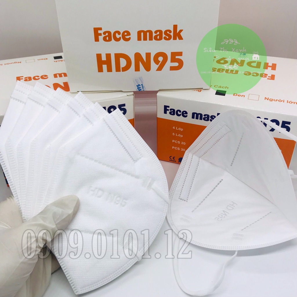 Khẩu trang 5 lớp cao cấp, n95 chính hãng HD, kn95 mask người lớn hộp 20 cái