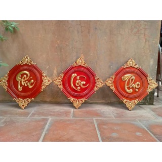 Bộ Tranh Phúc Lộc Thọ Gỗ Liền Khối  Dát Vàng KT 30*30/Tấm Bộ 3 Tấm