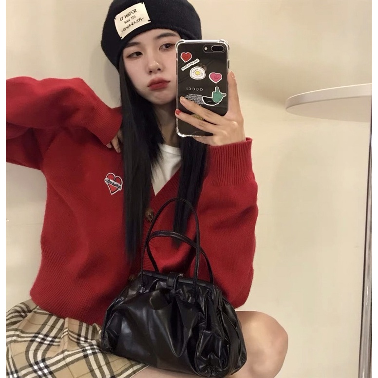 Áo khoác cardigan nữ dáng dài tay màu đỏ phong cách hàn quốc
