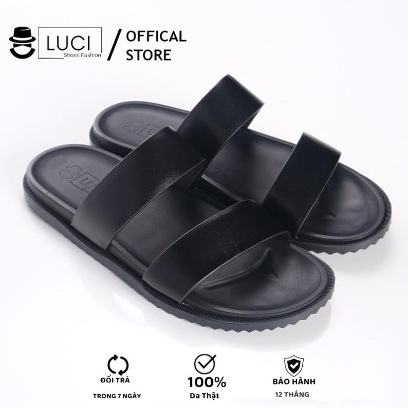 Dép nam quai nhị da bò đen cao cấp đế đúc 2 lớp chống thấm nước thời trang LUCI SHOES - Bào hành 12 tháng