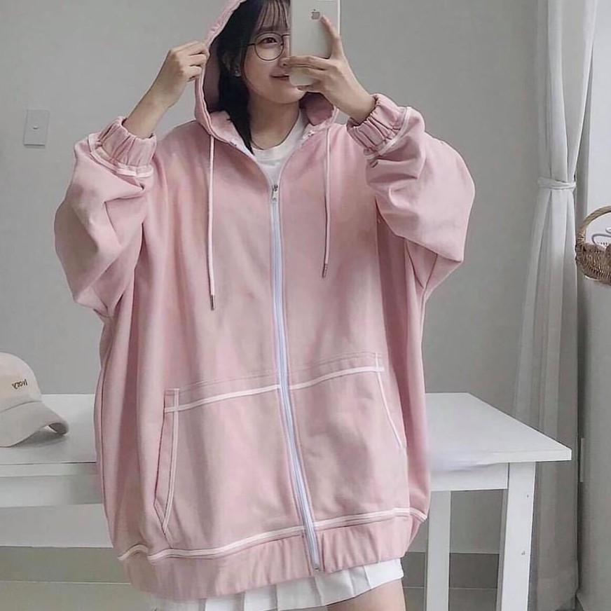 Áo Khoác Hoodie Chạy Viền Tay Bồng Áo Jacket Nỉ Unisex Form Rộng Khóa Kéo Kèm Mũ 3 Màu