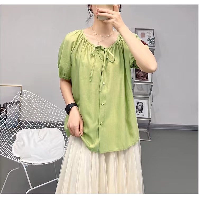 Áo chiffon BH tay phồng màu trơn dáng rộng phong cách Hàn Quốc