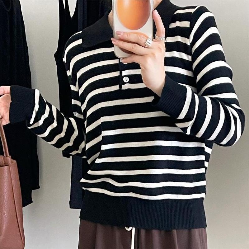 【ZHELIHANGFEI】Áo Len POLO Tay Dài Form Rộng Họa Tiết Sọc Dễ Phối Đồ