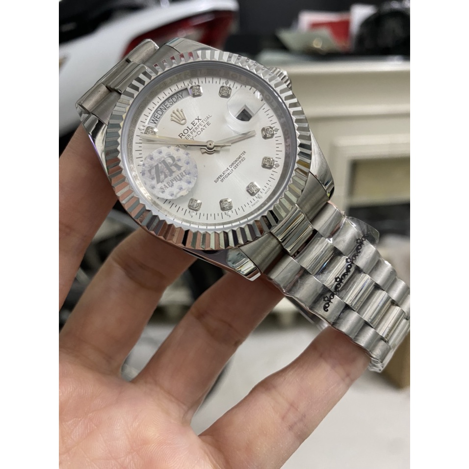 Đồng hồ Nam Rolex máy nhật dòng cơ Automatic size 41mm số đá day date vỏ trắng mặt trắng dây kim loại