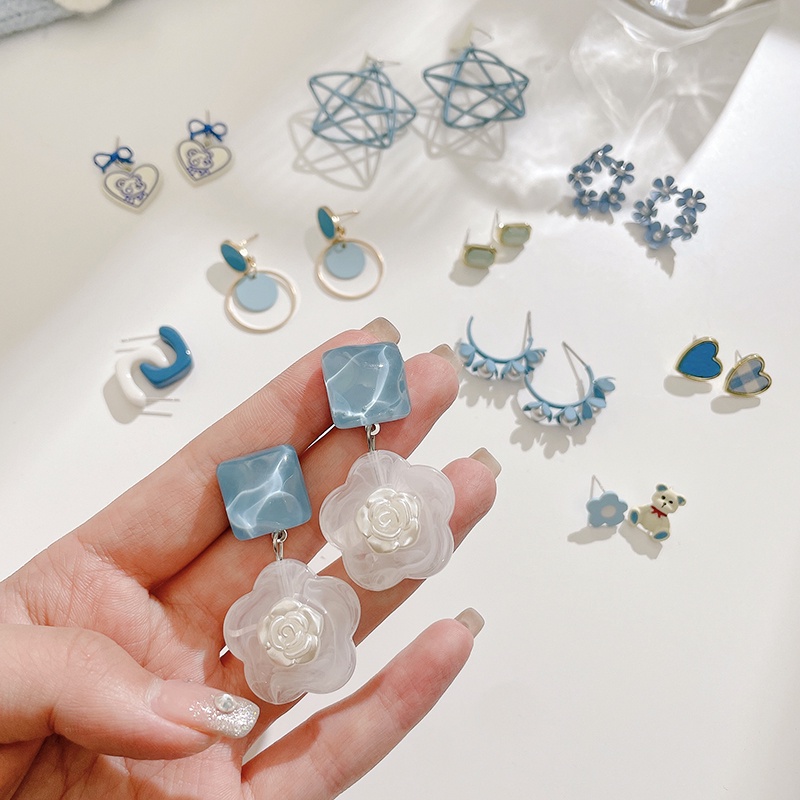 Khuyên Tai Đính Đá Xanh Dương Thiết Kế Mới Cao Cấp Thời Trang Mùa Hè Dành Cho Nữ 2022