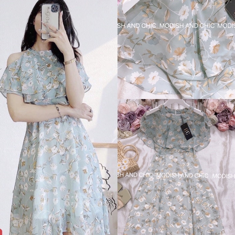 Váy xòe voan hoa xanh trễ vai dễ thương V093 - MC phân phối chính thức ( kèm ảnh thật shop tự chụp)