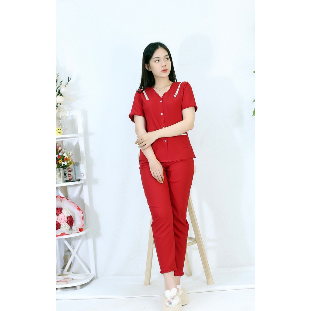 Bộ đồ bộ màu ĐỎ PHA REN tay ngắn quần dài vải siêu lụa - Thoải Mái Nhẹ Nhàng