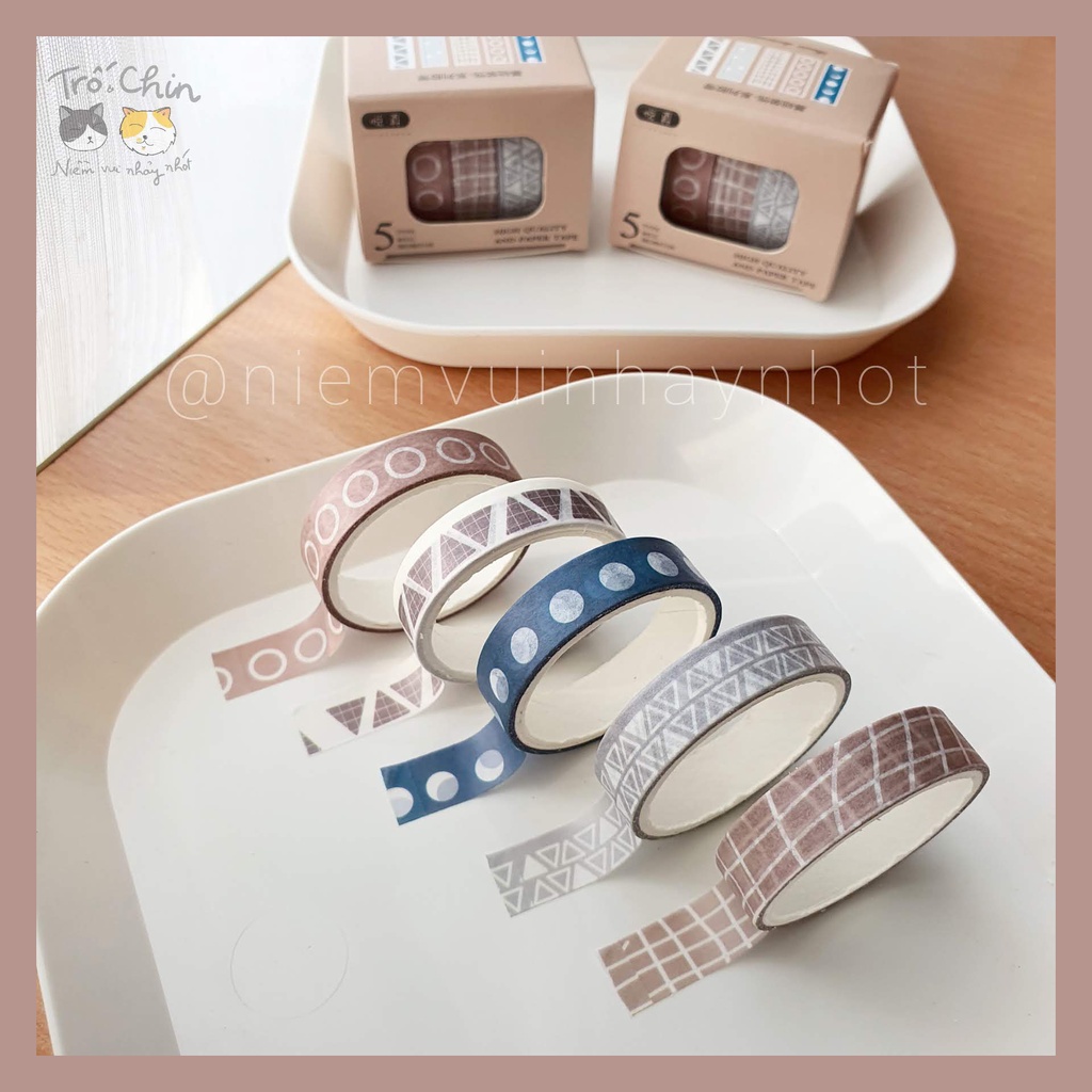 [ẢNH THẬT] [LOẠI MÀU 1-4] Hộp 5 cuộn Washi tape Băng dính dán nhiều họa tiết nhiều màu Masking tape (1cm*2m)