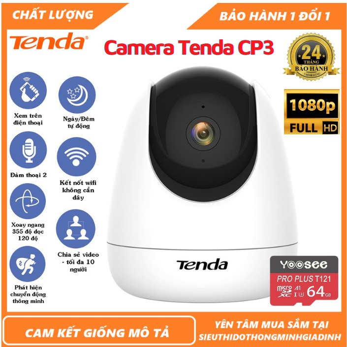 Camera IP Wifi Tenda CP3 Full HD 1080P 360° -  Đàm Thoại 2 Chiều - Hỗ Trợ Tiếng Việt - Báo Động -Phân Phối Chính Thức