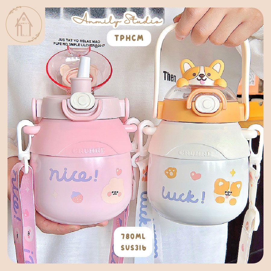 Bình giữ nhiệt cute ANMILY CUP 780ml  hình dáng dễ thương có ống hút kèm theo thép không rỉ SUS316 cao cấp