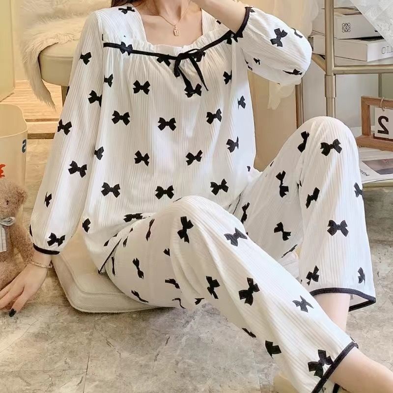 Bộ Đồ Ngủ Cổ Vuông In Họa Tiết Dễ Thương Phong Cách Pháp Cho Nữ