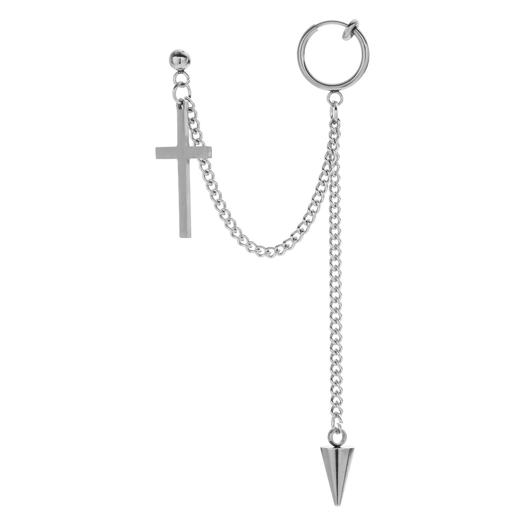 Khuyên Tai kẹp Vành phối xích chữ thập quả nhọn cực chất