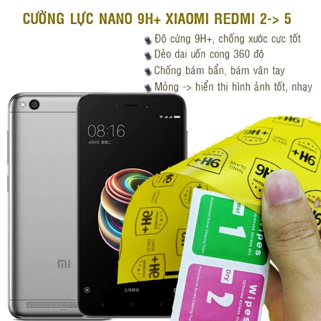 Dán cường lực dẻo nano 9H+ Xiaomi redmi 3, 3S, Redmi 4A, 4X, 5, 5A, 5 Plus