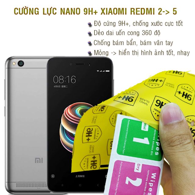 Dán cường lực dẻo nano 9H+ Xiaomi redmi 3, 3S, Redmi 4A, 4X, 5, 5A, 5 Plus