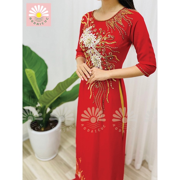 ÁO DÀI MẸ, BÀ SUI ÁO DÀI MÀU ĐỎ ĐÔ,ĐỎ TƯƠI HỌA TIẾT PHA LÊ - M03
