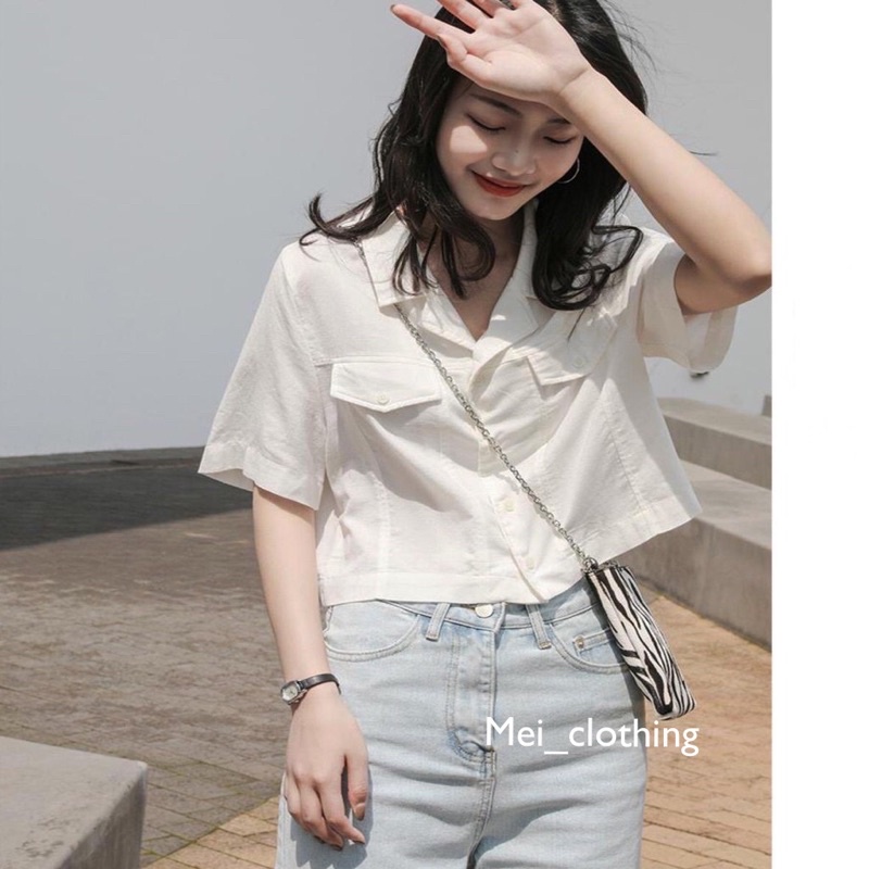 Áo sơmi croptop Hàn Quốc/ áo sơ mi cổ vest túi hộp