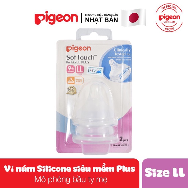 [ ẢNH THẬT 100% ] Vỉ 2 Núm Ty Cổ Rộng PIGEON Nhập khẩu, Silicon Plus SIÊU MỀM -  Size S/M/L/LL( có tách sét 1 núm)