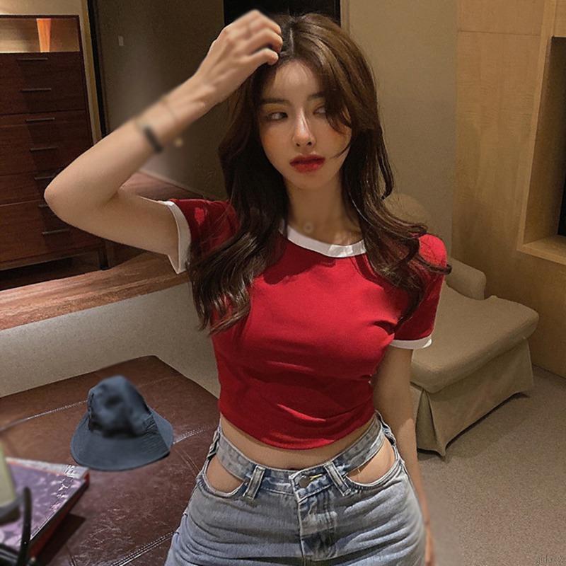 Áo thun croptop tay ngắn cổ tròn ôm dáng phong cách Hàn Quốc dành cho nữ