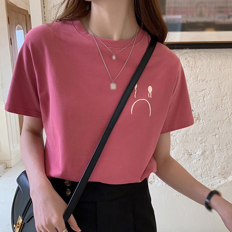 Áo thun cổ tròn tay ngắn dáng rộng in hình đơn giản thời trang cho nữ