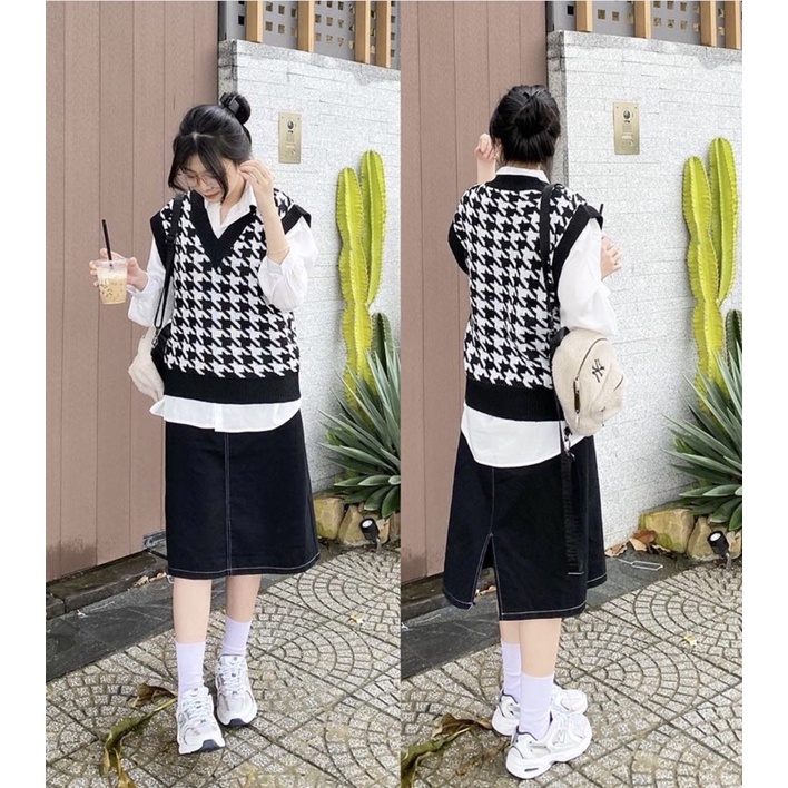 Chân váy jean dài xẻ tà chỉ nổi, Chân váy bò ulzzang dáng chứ A lưng chun –