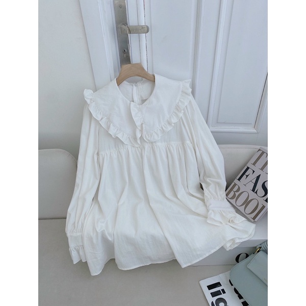 Đầm babydoll trắng cổ bèo tay bo