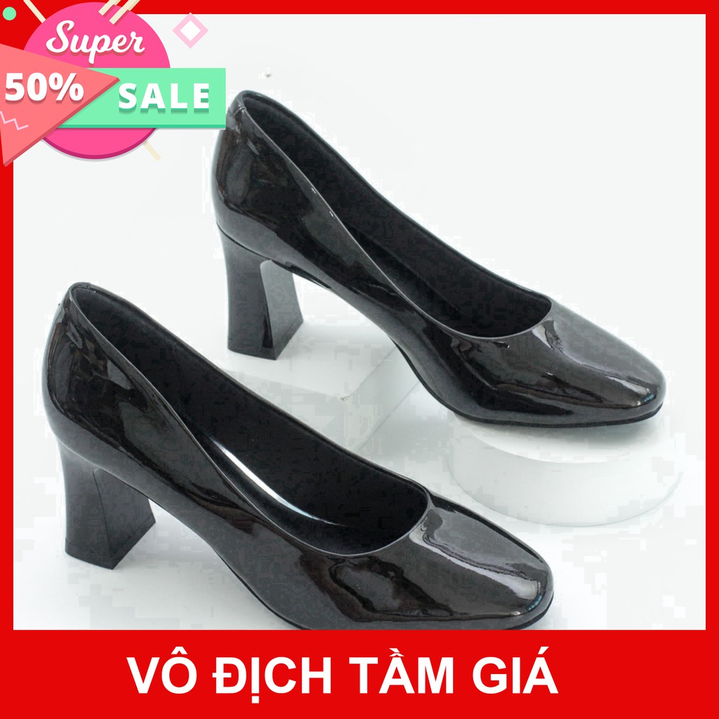 Giày Cao Gót 6cm Đế Vuông Da Bóng Mũi Vuông Màu Nhũ Vàng Pixie P291