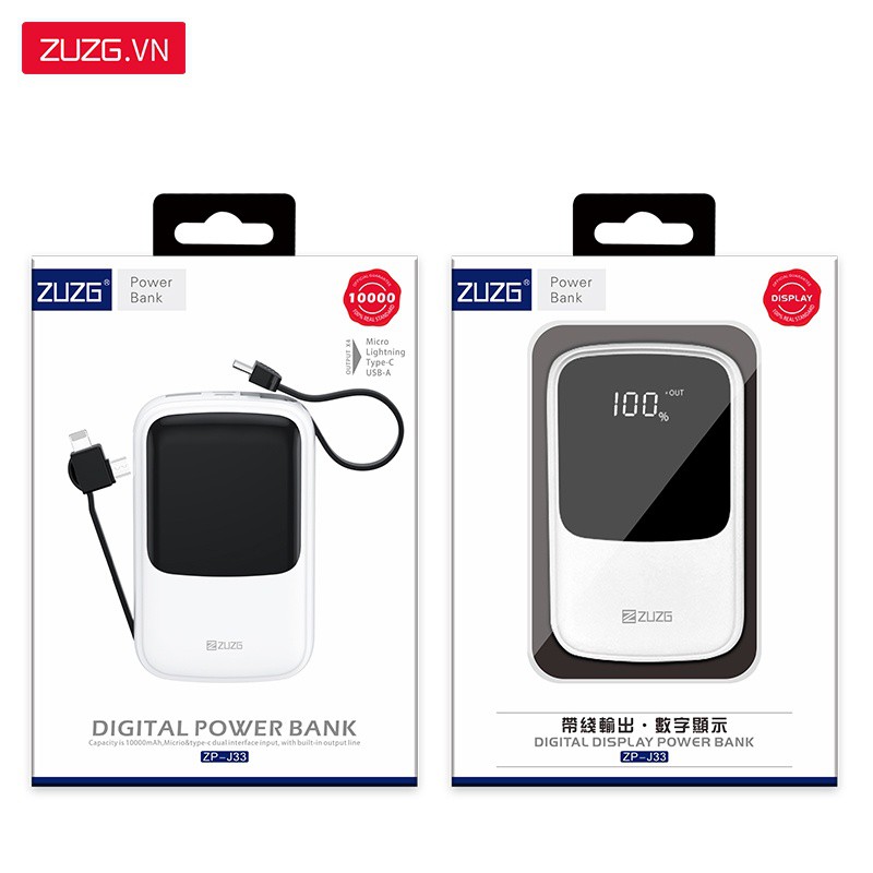 Sạc dự phòng mini 10000mAh đa năng có dây ra Iphone micro type c J33 chính hãng ZUZG