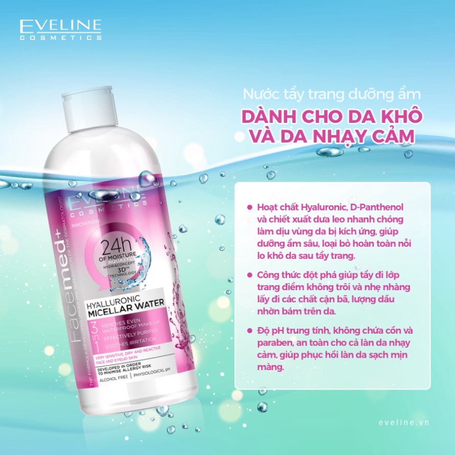 Nước Tẩy Trang Eveline Facemed+ Micellar 3 in 1 Không Cồn Và Paraben Tẩy Sạch Lớp Makeup Cho Da Nhạy Cảm