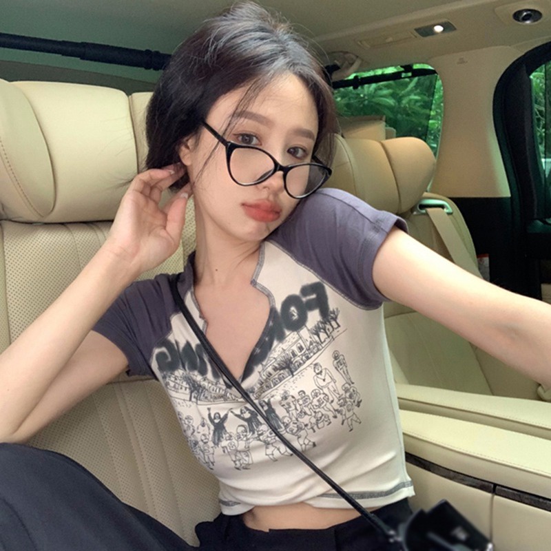 Áo Thun Tay Ngắn Cổ Chữ U Dáng Ôm Vải Cotton In Họa Tiết Thời Trang Hàn Quốc Xinh Xắn